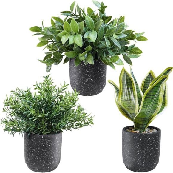 3 Pack Small Potted Artificial Plants Faux Greenery Rosemary Boxwood Snake Plant - Picture 1 of 8